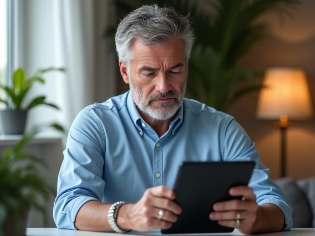 Man reviewing health data on a tablet, looking thoughtful