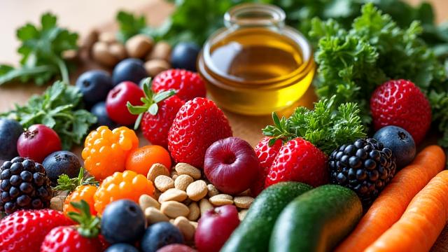 Variety of colorful, fresh, anti-aging foods like berries, leafy greens, nuts