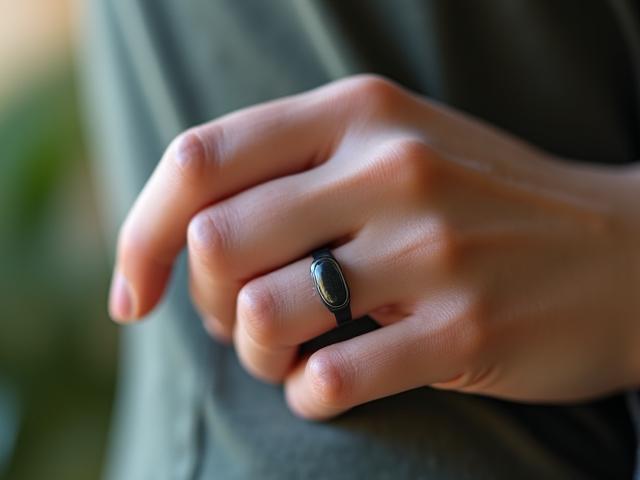 Close-up of a sleek, minimalist smart ring on a serene hand, glowing softly.