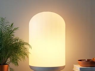 Full-spectrum light therapy lamp illuminating a modern workspace, with a green plant nearby.