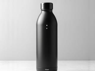 Sleek, black smart water bottle with a digital display, on a clean white surface.