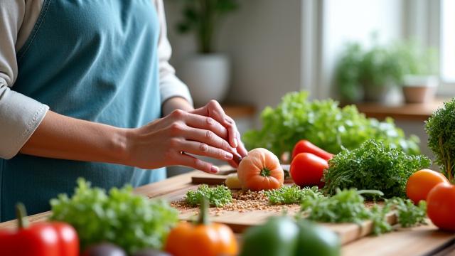 Woman thoughtfully preparing a healthy meal, focusing on fresh ingredients